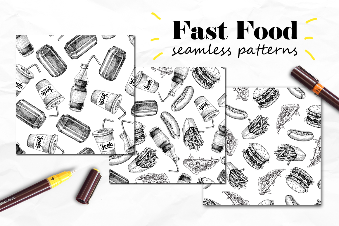 Food  hand drawn Fast food detailed fine art sketch food illustration engraved burger hot dog Pizza french fries soda seamless pattern graphic