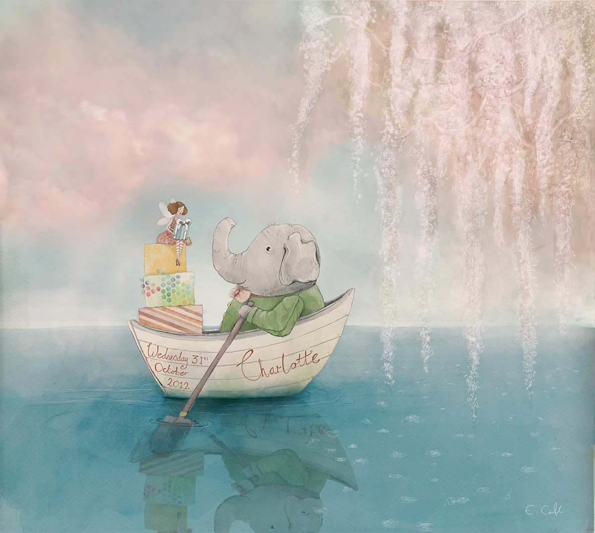 childrens  Illustration  Character Design  gift print christening gift elephant fairy cute whimsical