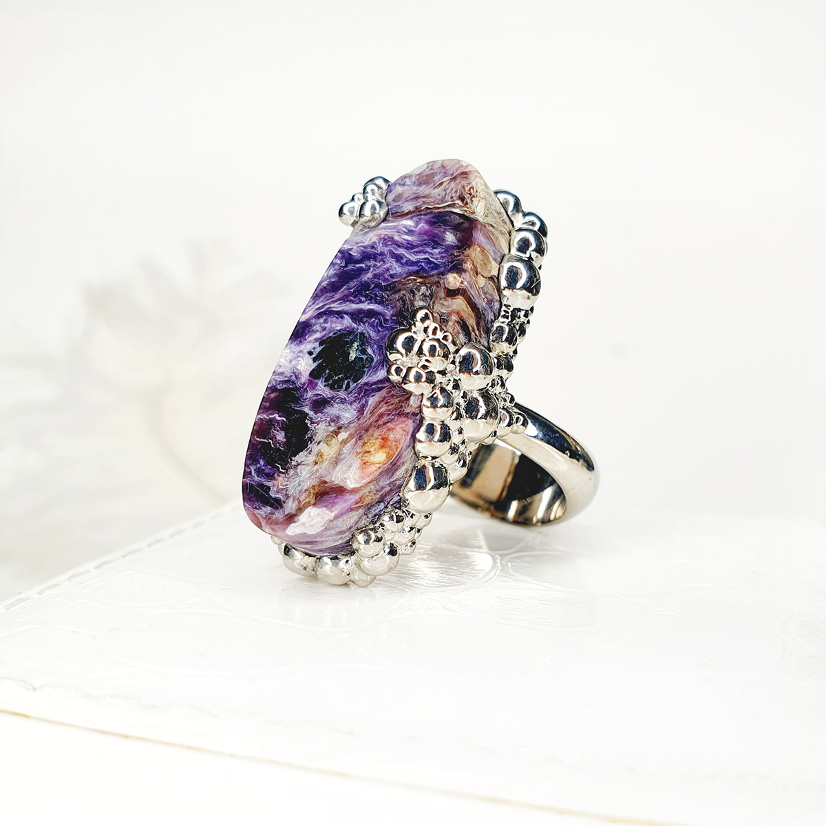 One-of-a-kind oval charoite statement ring