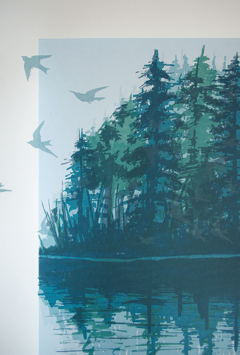 permanent migration birds screenprint print poster design blue green forest Island water bird art ink