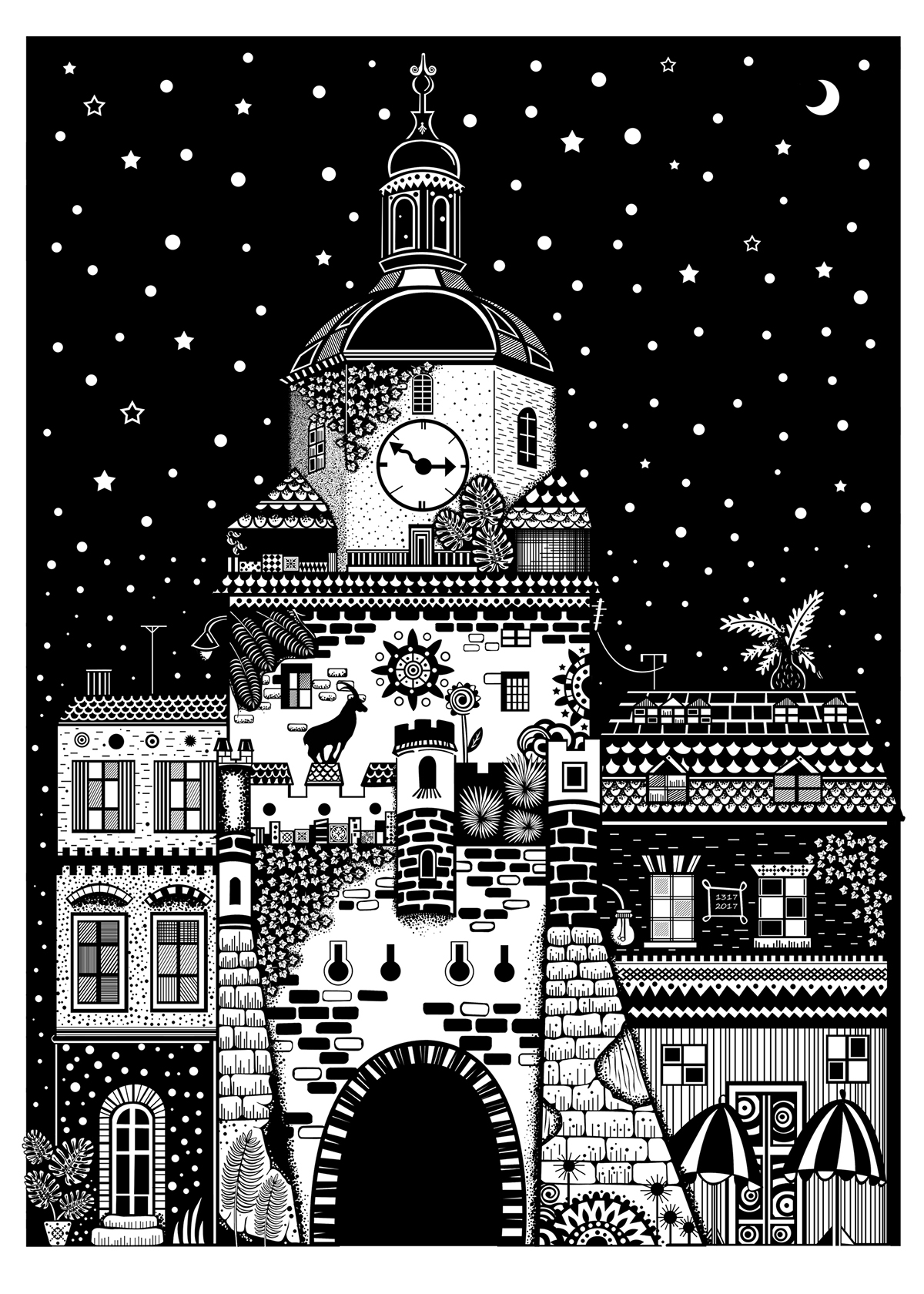 ILLUSTRATION  lublin city architecture graphic drawings screen printing plants black & white night