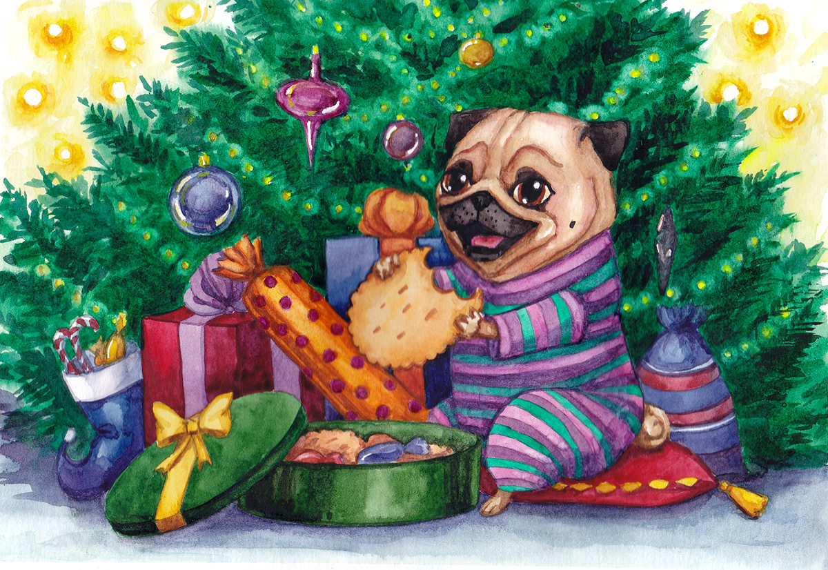 cartoon watercolor greeting card Invitation print Christmas new year card Pug dog