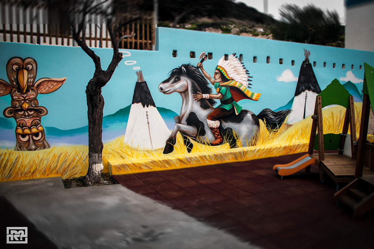 artwork Graffiti horse indian kid Mural Playground spray syros west