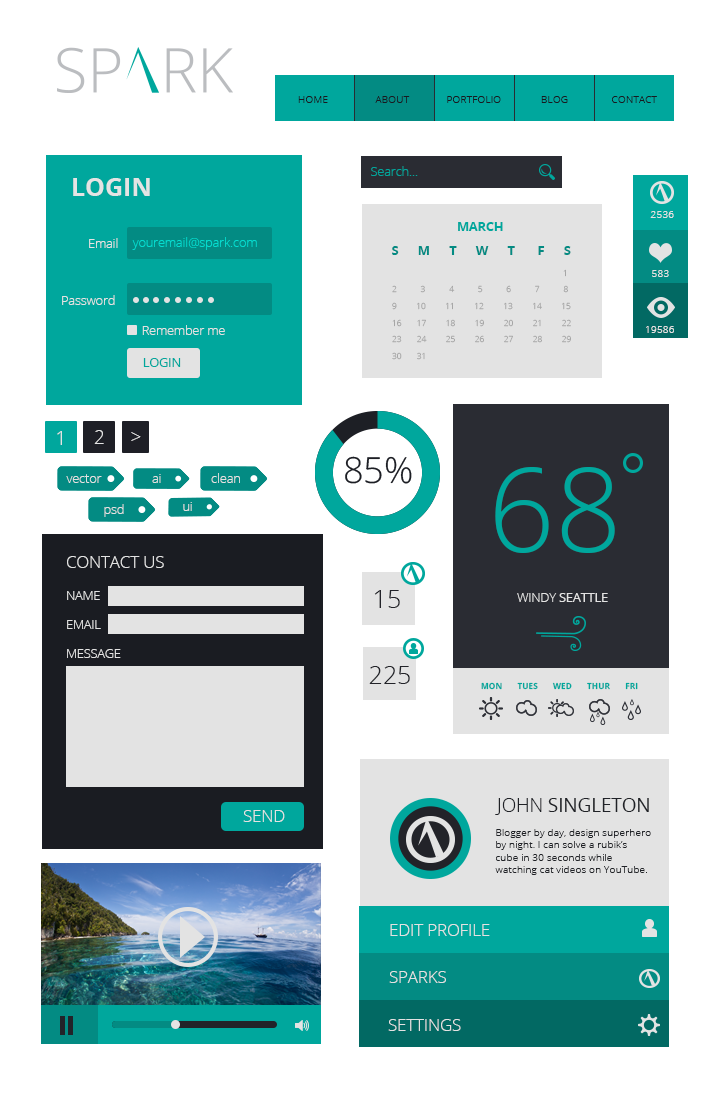 ui kit free psd clean teal profile search weather contact navigation login percentage spark