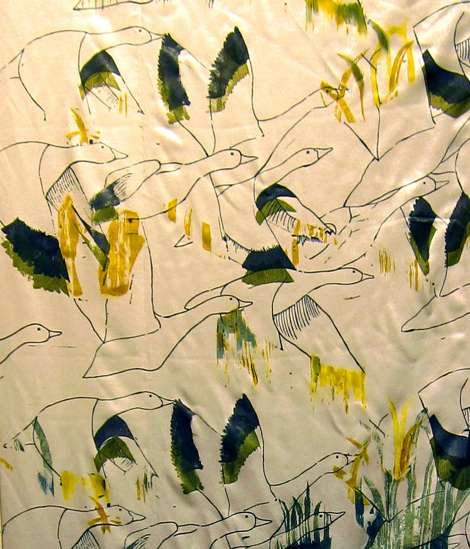 silkscreen printed fabrics Textiles colors birds movements