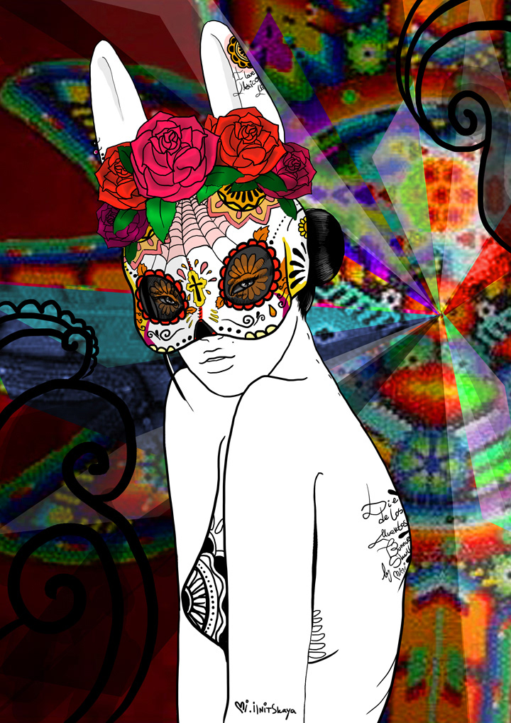 mimi mimi ilnitskaya rabbit mask die de los muertos sugar skull portrait people Guru surfer art CG