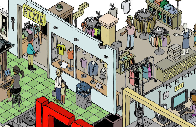Isometric color wacom mall people ink Shopping store food court car sale Retail commercial editorial