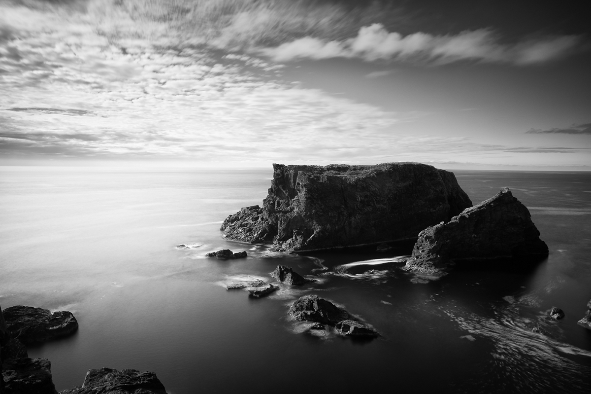 Shetland UK Coast monochrome cliffs Stacks Ocean waterfall water