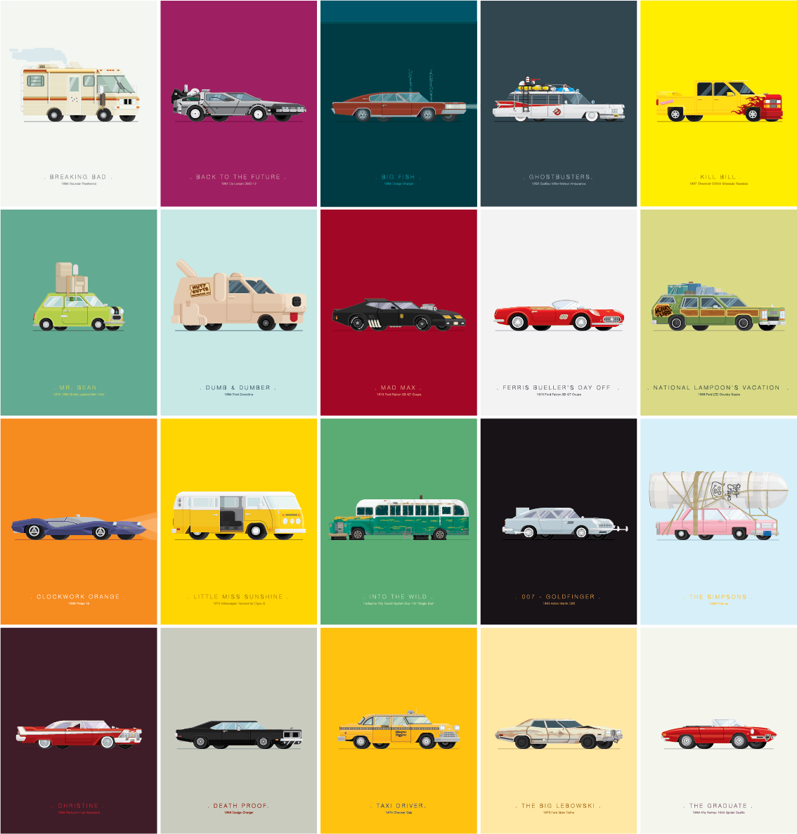 famous cars  car movie Little Miss Sunshine into the wild 007 goldfinger the little rascals christine death proof taxi driver Big Lebowski the graduate big fish the simpsons
