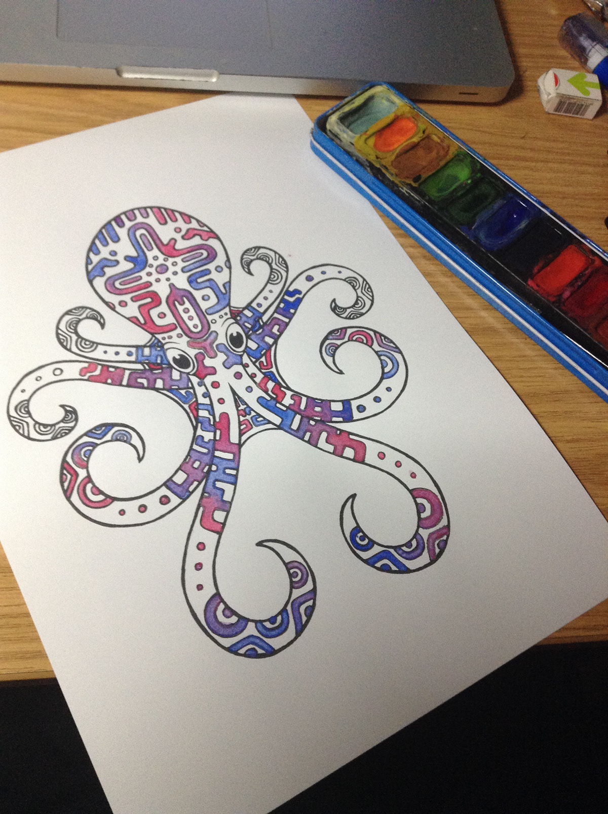 octopus line art pattern water colour