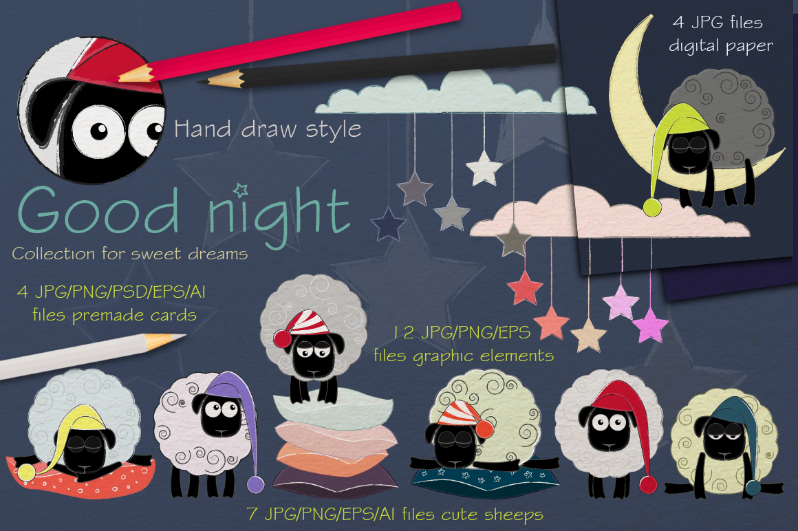 sheep animal Good night sweet dream Character digital paper seamless pattern premade card