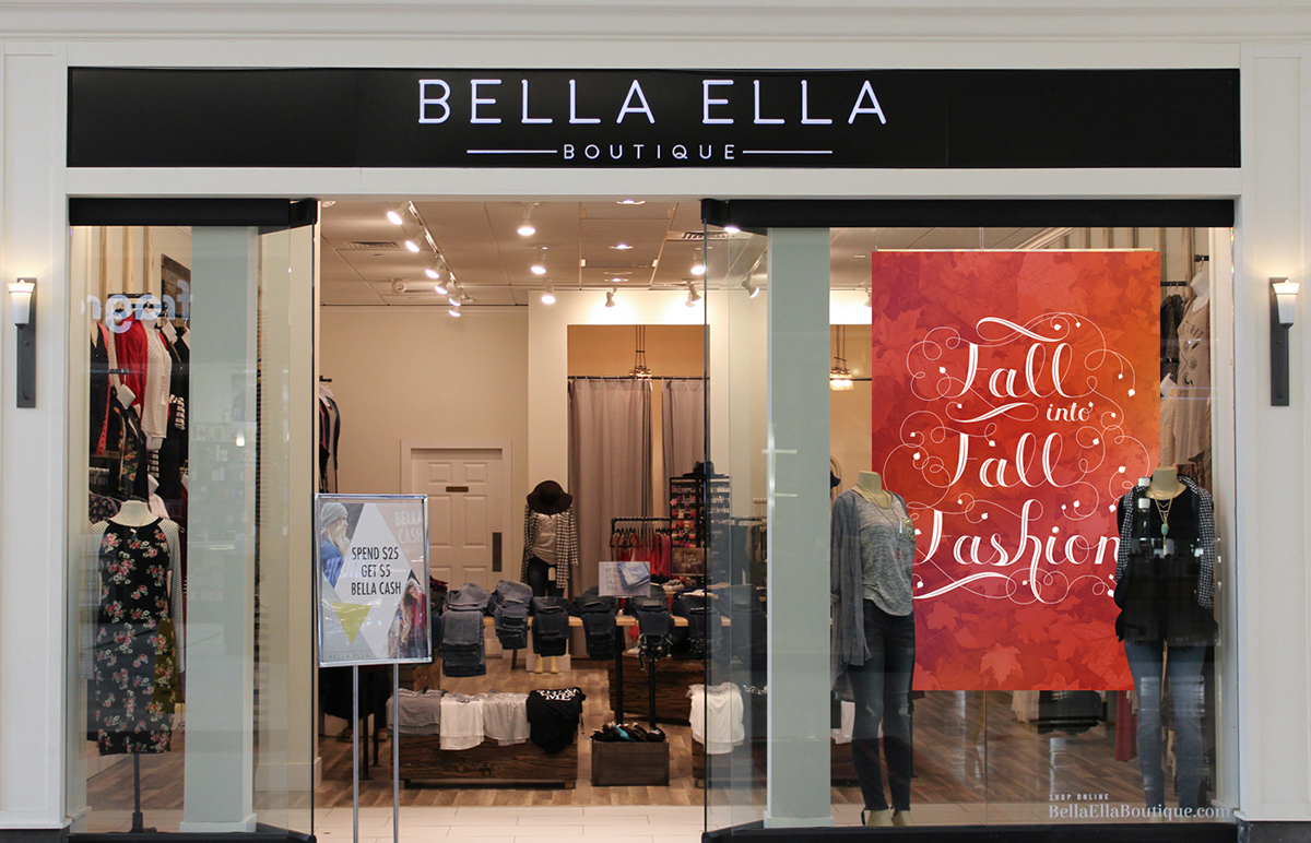 Adobe Portfolio Window Display Signage Bella Ella Boutique lettering Script Fall autumn leaves sketch sticker banner poster