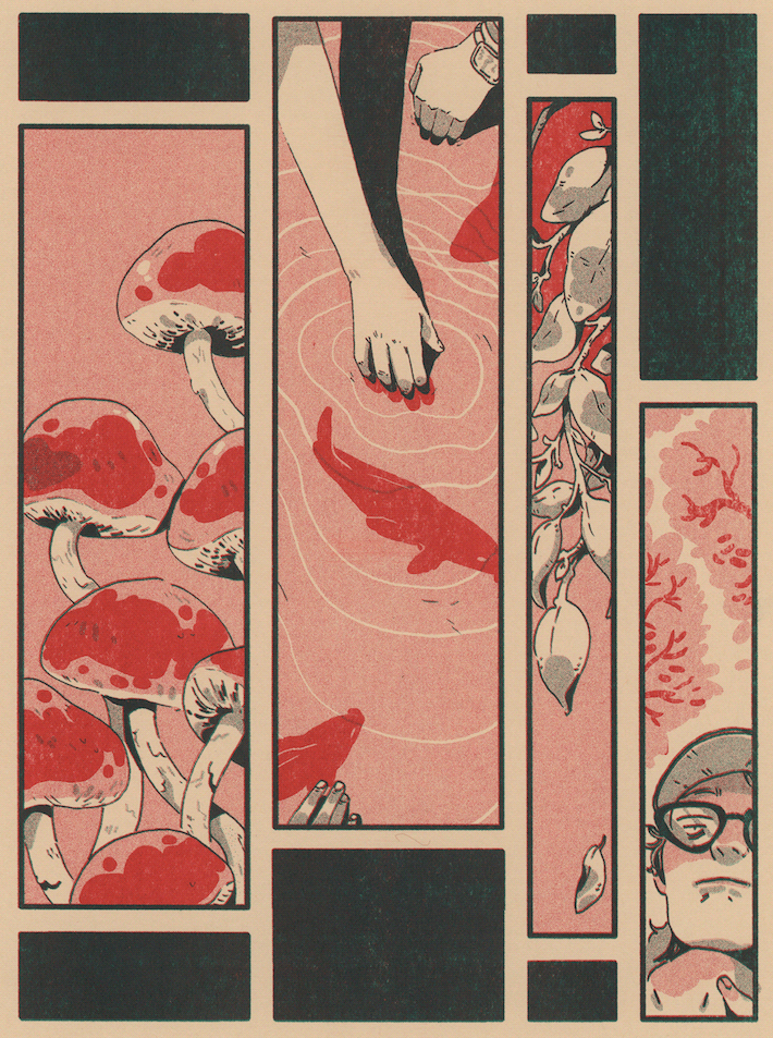 cartoon comic Drawing  KOI FISH mushroom Nature plants print Riso risograph
