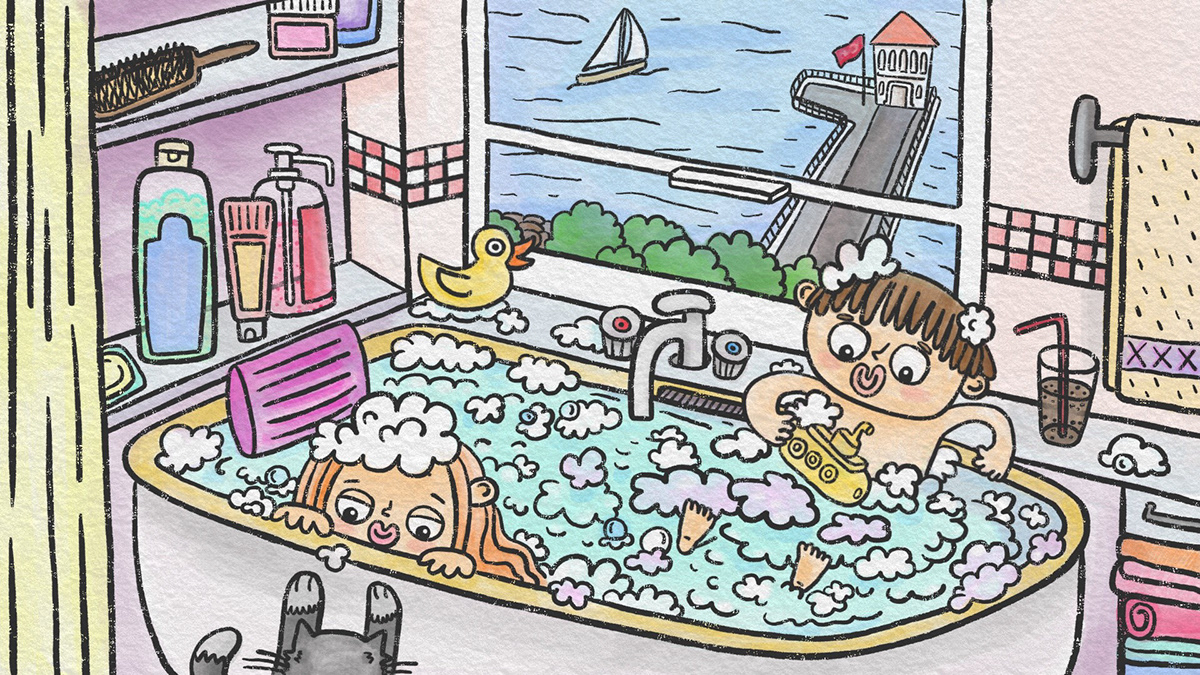 kids bath bubble bath rubber duck Sunday Funday clean watercolor Yellow Submarine Bath Time children book illustration