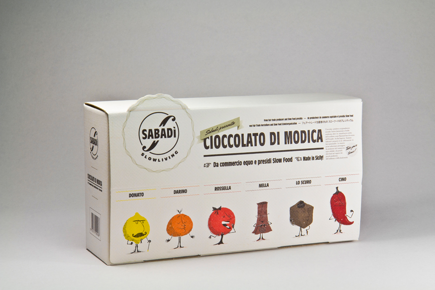 Sabadì Happycentro chocolate Cioccolato di Modica Packaging Italian food mascotte color Flavours
