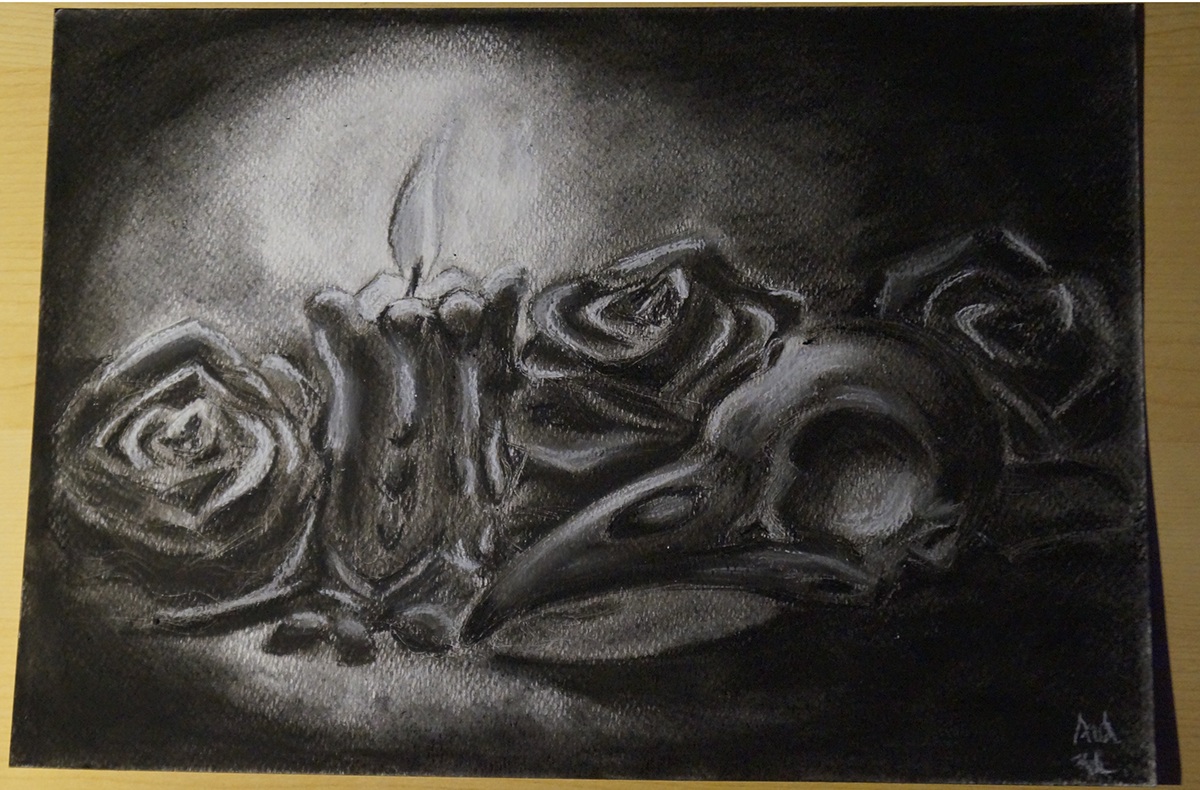 raven skull candle light Roses charcoal death black rendevouz