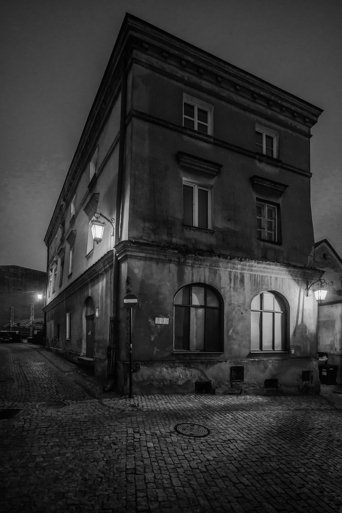 black and white street photography city Urban architecture night light Street lublin
