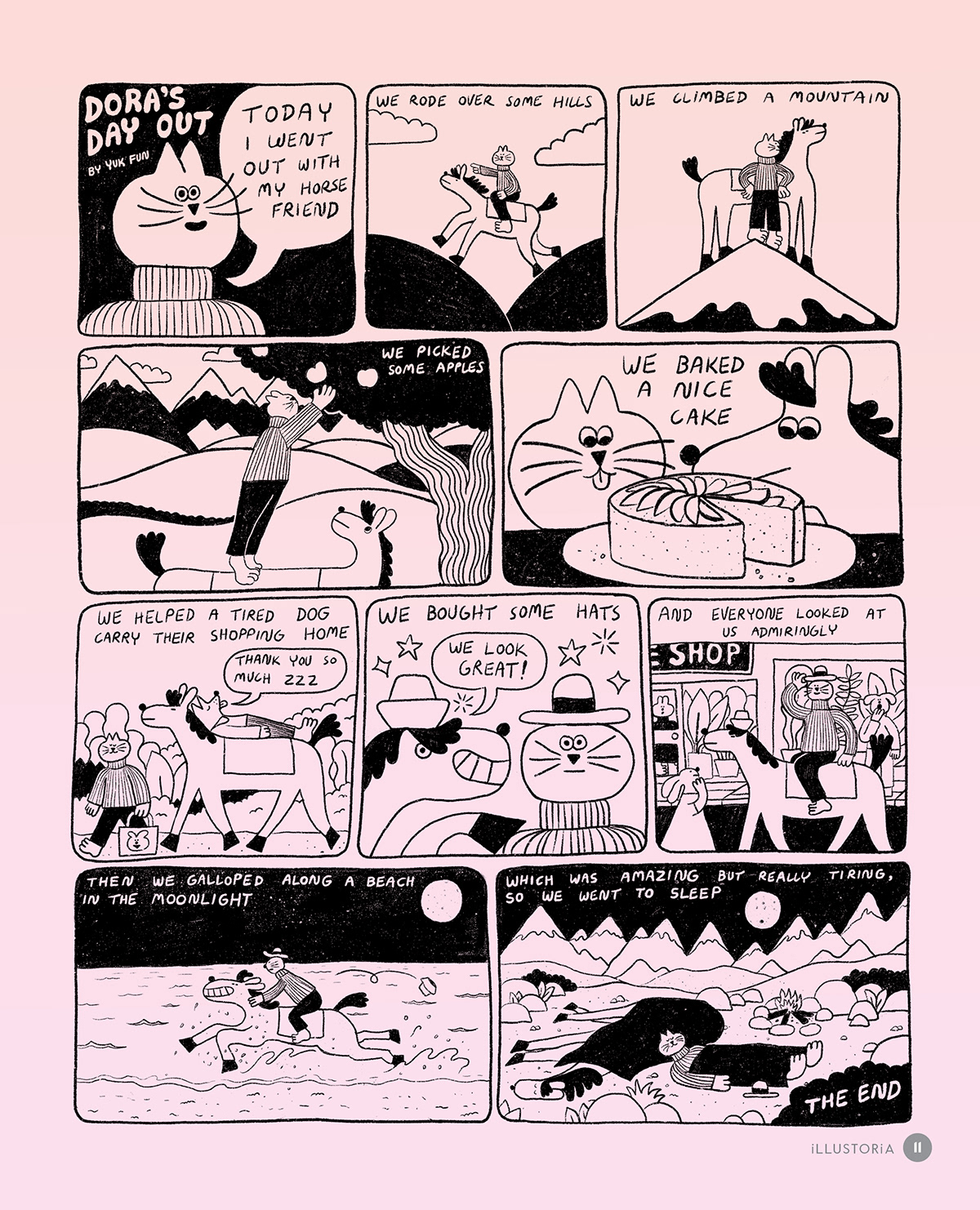 A short comic in black and white about a cat and horse who go on an adventure. 