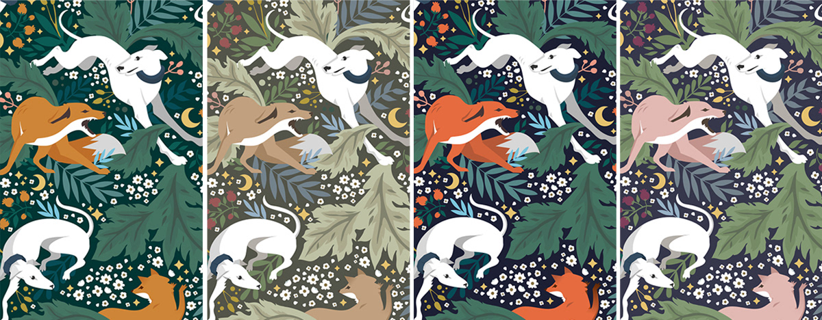 budapest fabric forest FOX grey hound ILLUSTRATION  Magic   pattern design  textile wallpaper
