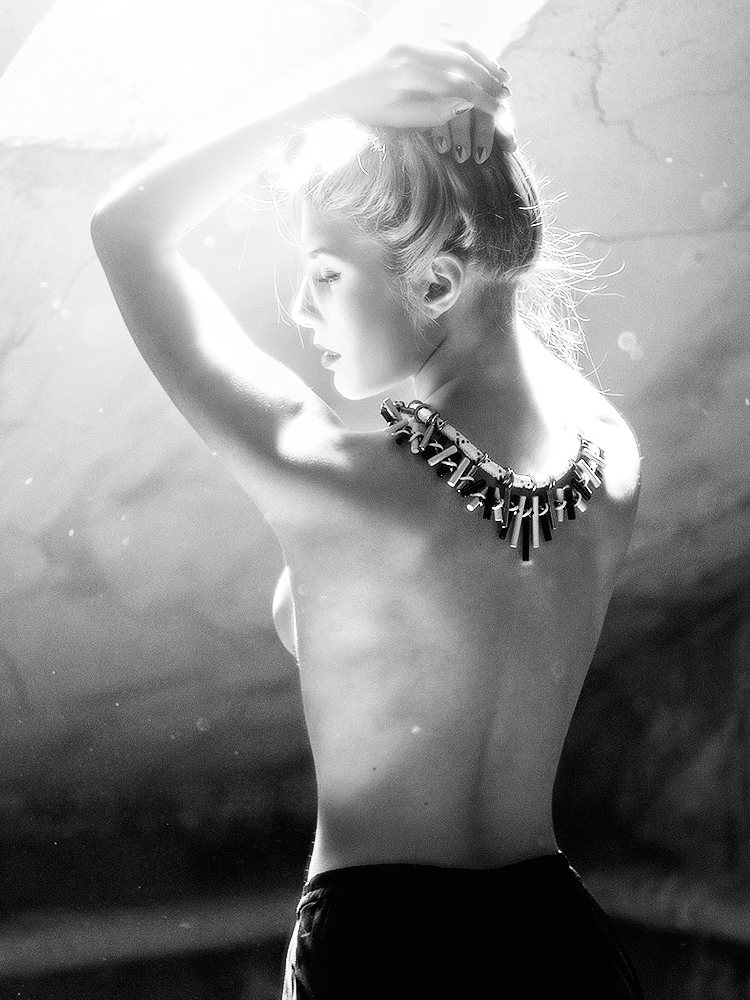 black White Necklace glamour portrait sensual boudoir Attic skylight air girl nude dust Silhouette