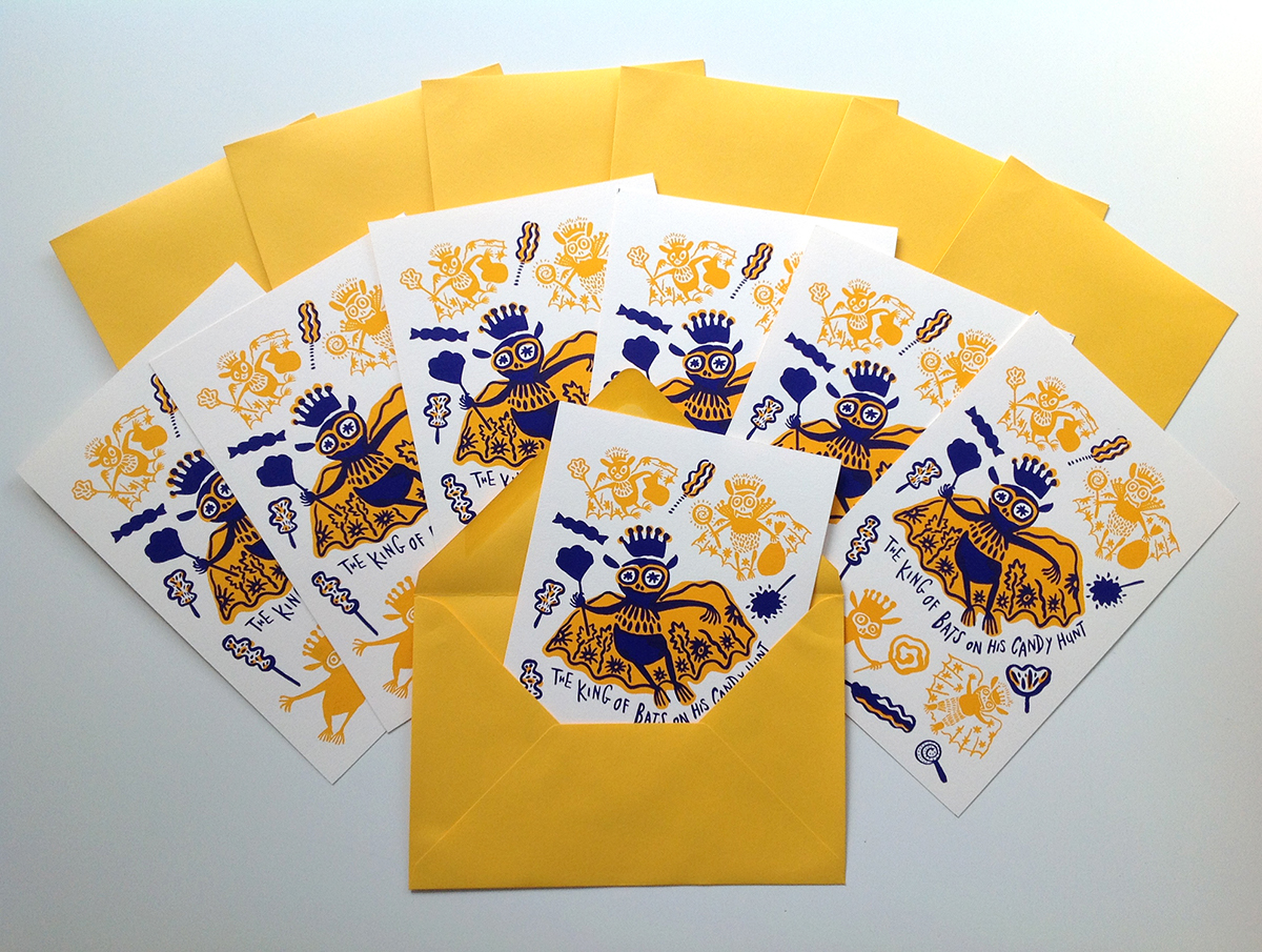 printmaking silkscreen Bats kings Halloween yellow pink purple Magic   Candy natalya balnova prints limited editions greeting cards hand-lettering