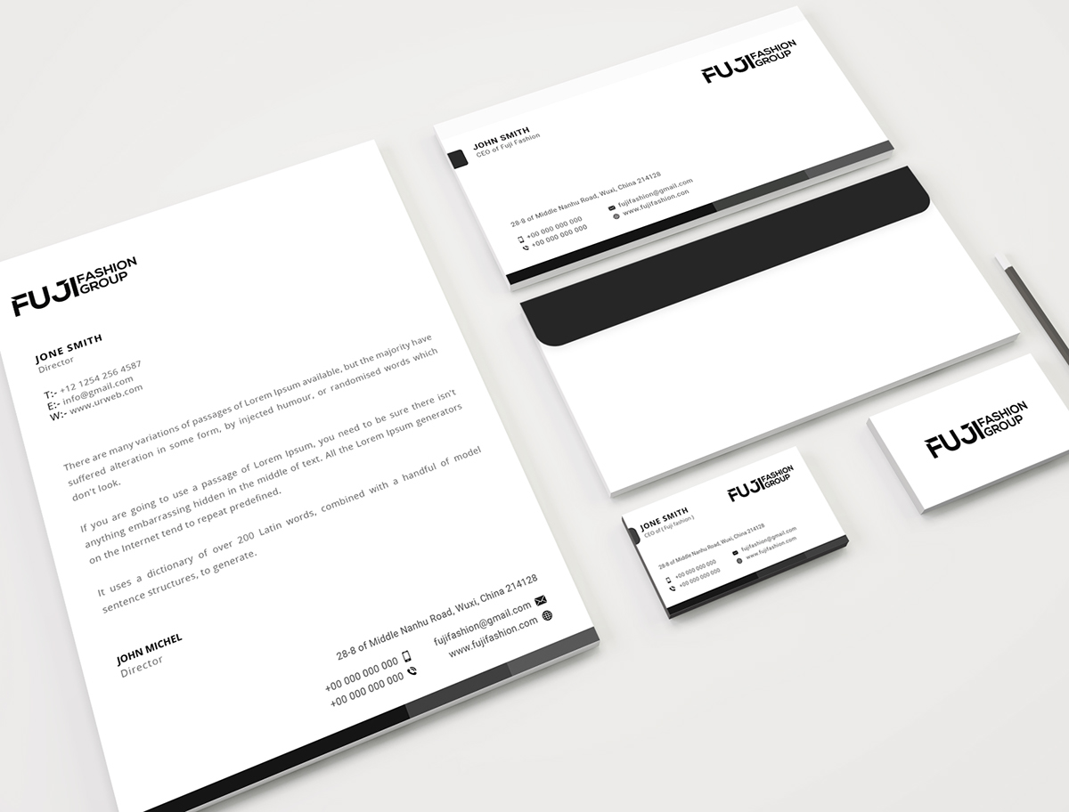 Stationary design Brand Design Logo Design Envelop Design Business card design Letterhead Design black White simple creative