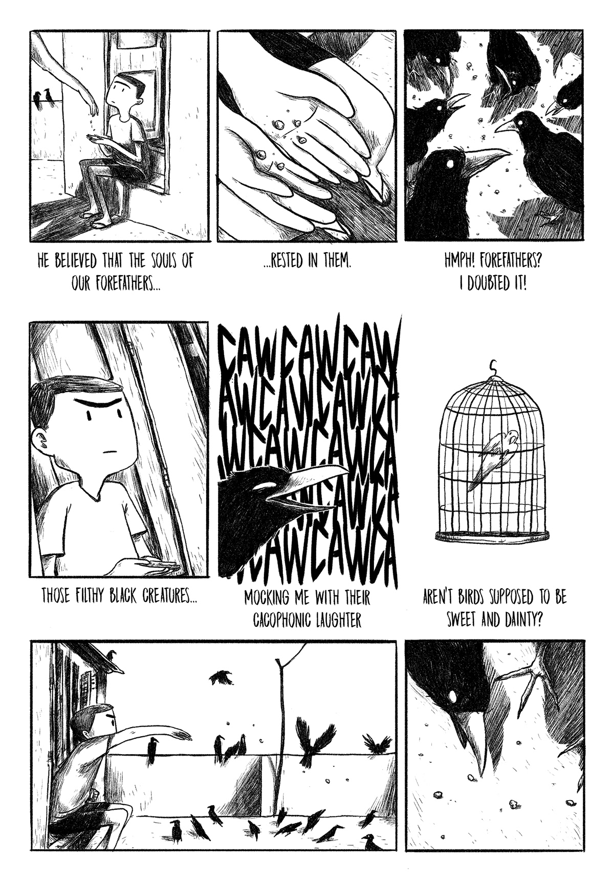 comics Graphic Novel black and white crows fear boy ornithophobia