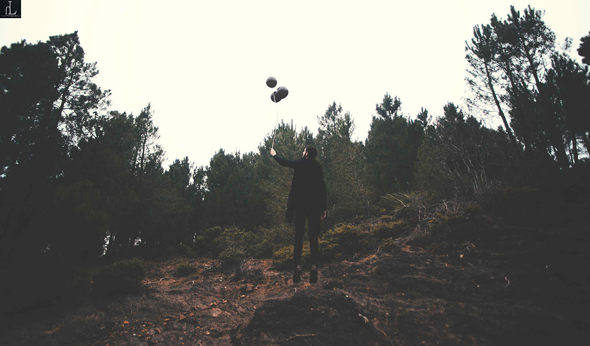 levitation darkness forest balloons maninblack