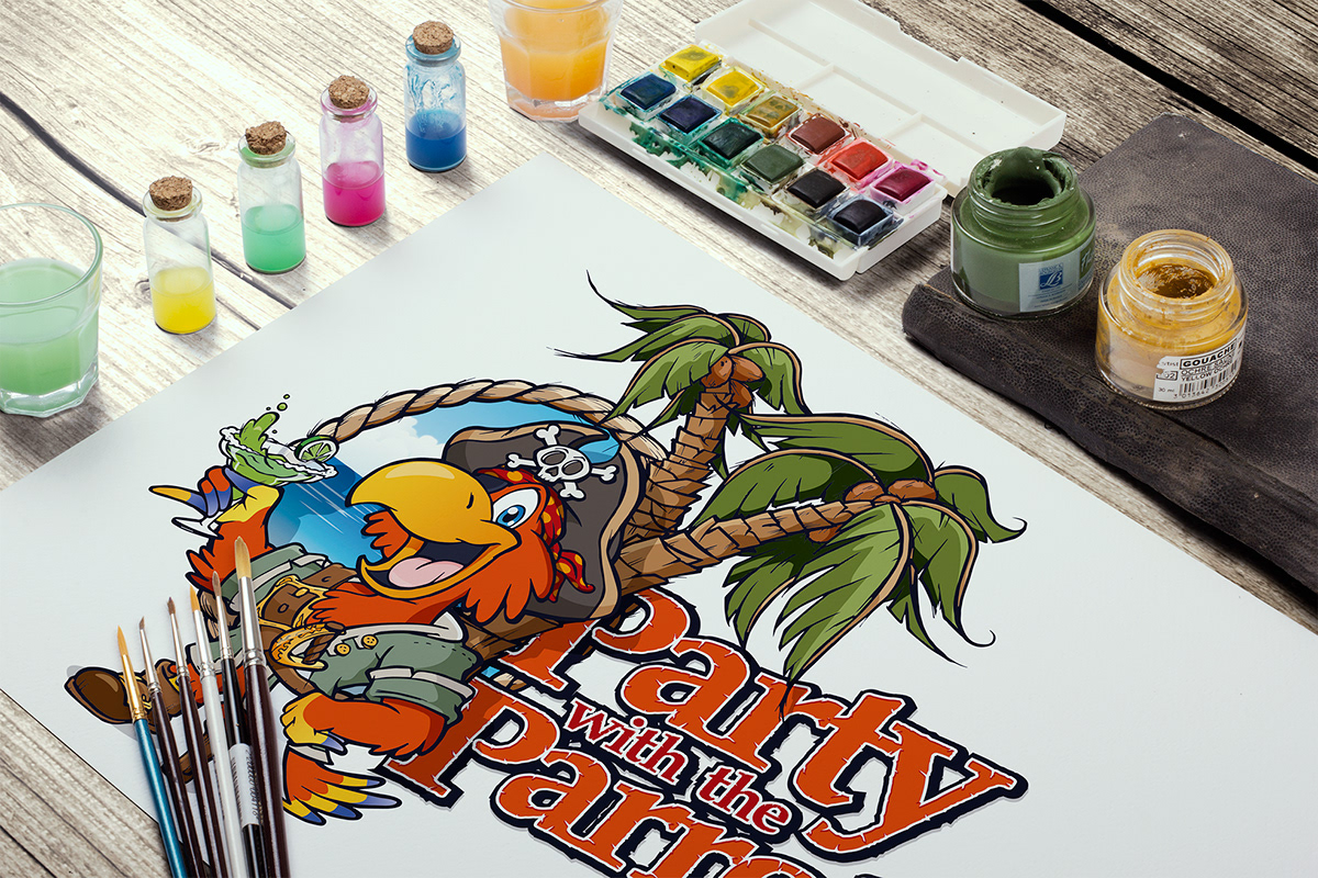 parrot cartoon T-Shirt Design party cocktail Palm Trees beach watercolor Fun loud colorful