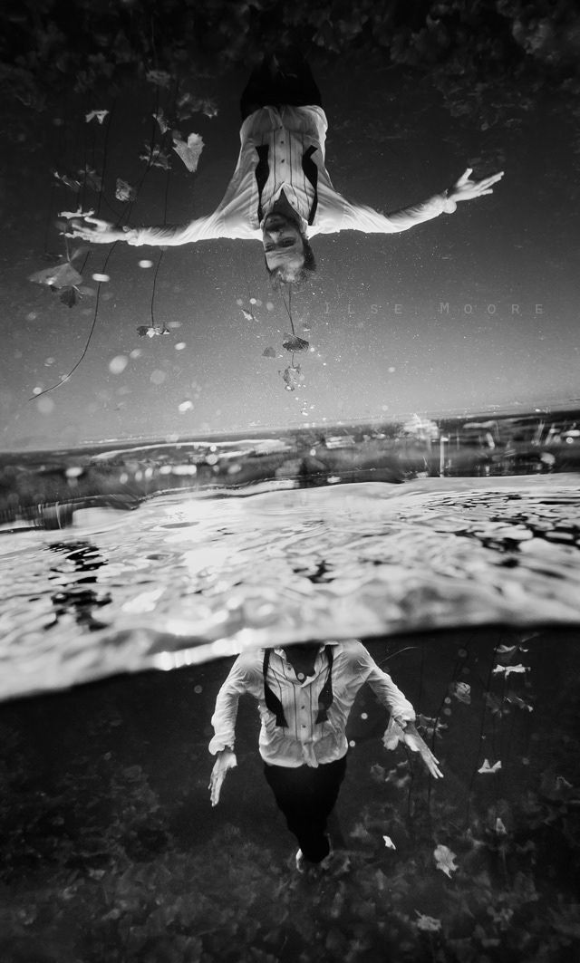 underwater  actor  johan baird  conceptual  Photography  suit  film ilse moore  art  fine art black and white  b&w man submerged