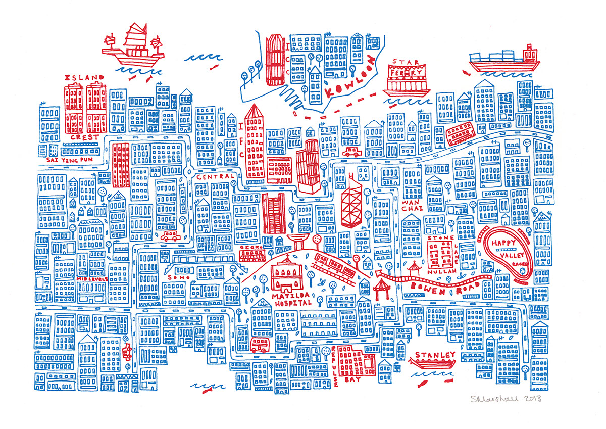 map Hong Kong city cartography lines blue red buildings screenprint