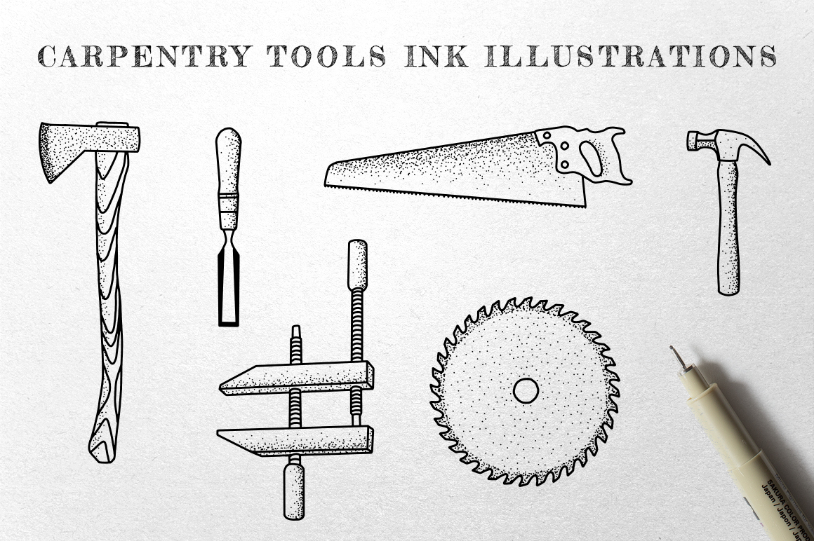 Carpentry tools ILLUSTRATION  Drawing  sketch stipple vintage rustic