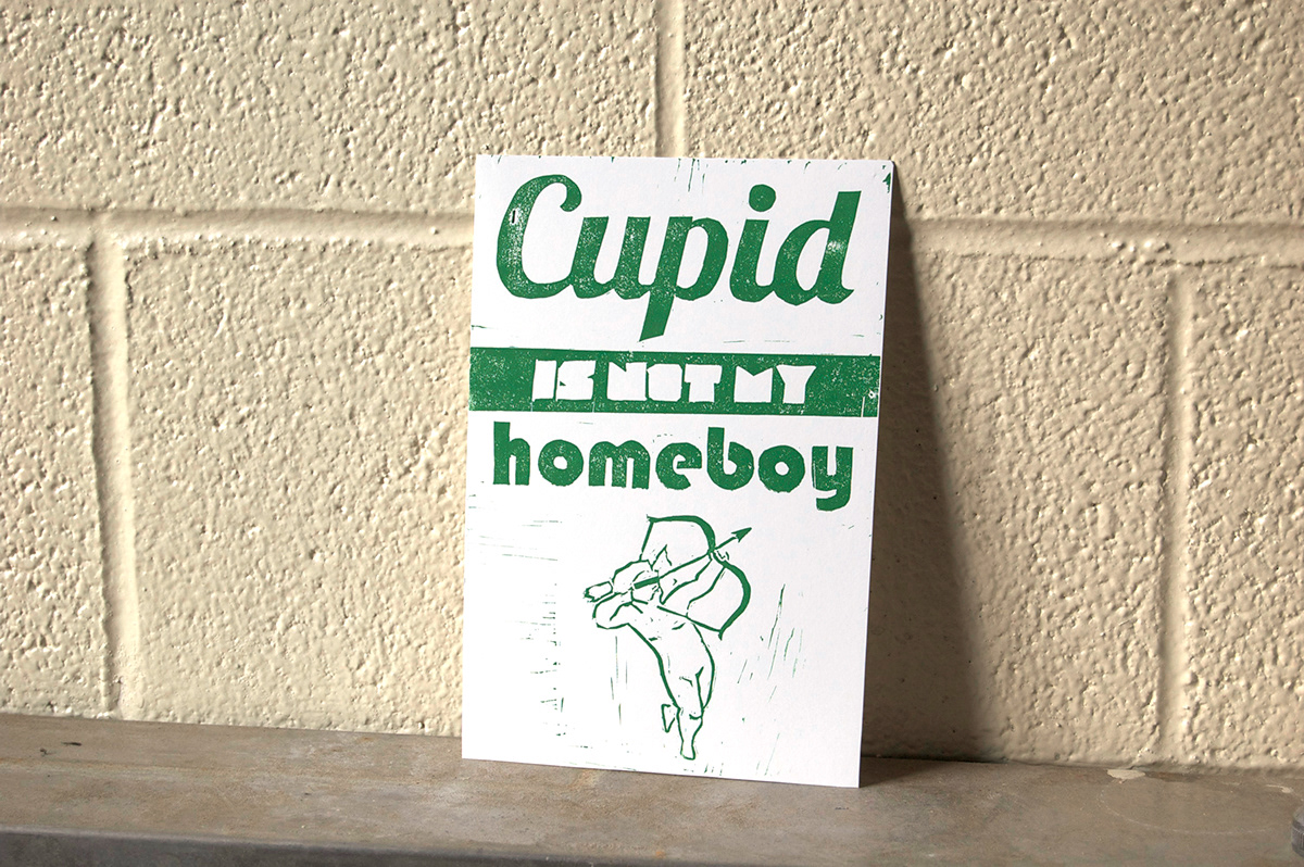 Anti–Valentine cupid valentine  letterpress linoleum carving