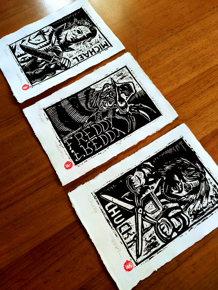 slasher Horror Art freddy krueger chucky michael myers linocut linocut print linogravure artprint estampe