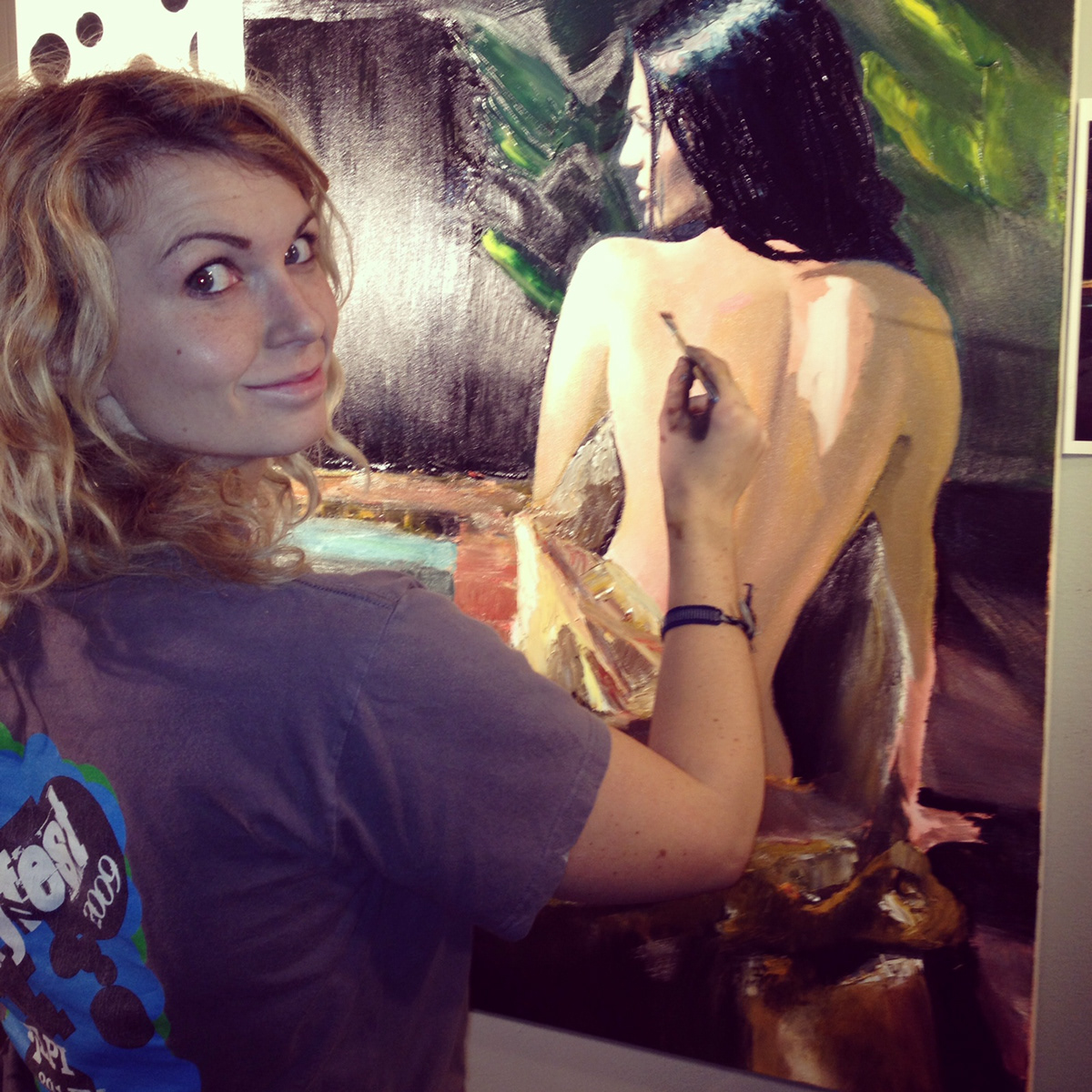 girl Beautiful back skin bare female figure oil on canvas Oils outdoors woman