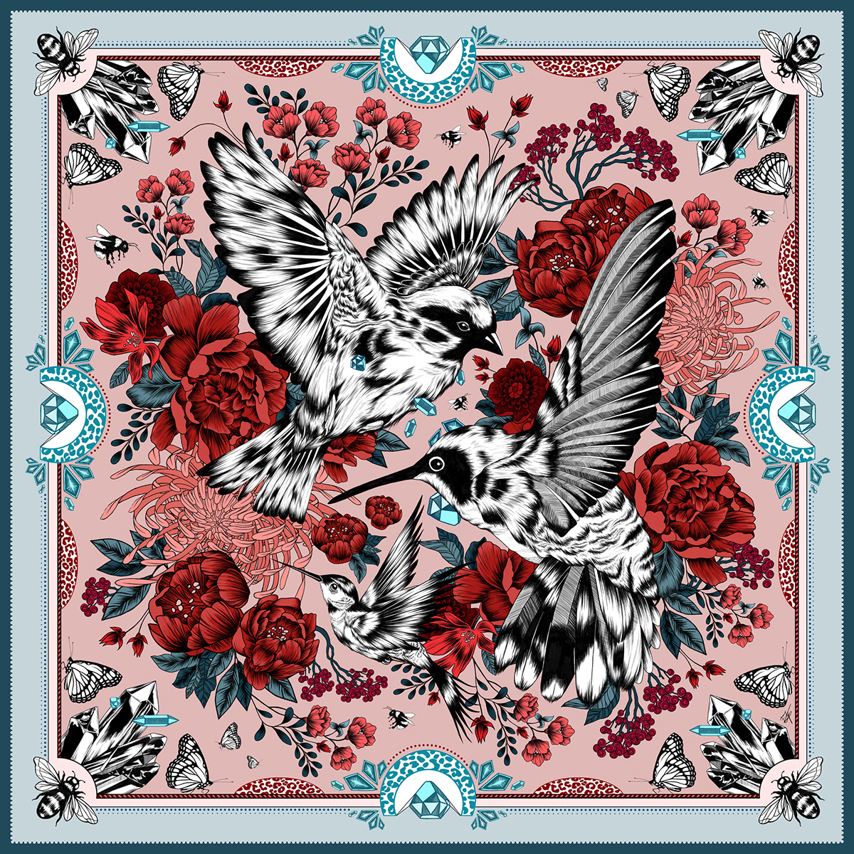 SILK satin silk silk scarf scarf design Floral design birds butterfly pattern floral pattern scarf pattern