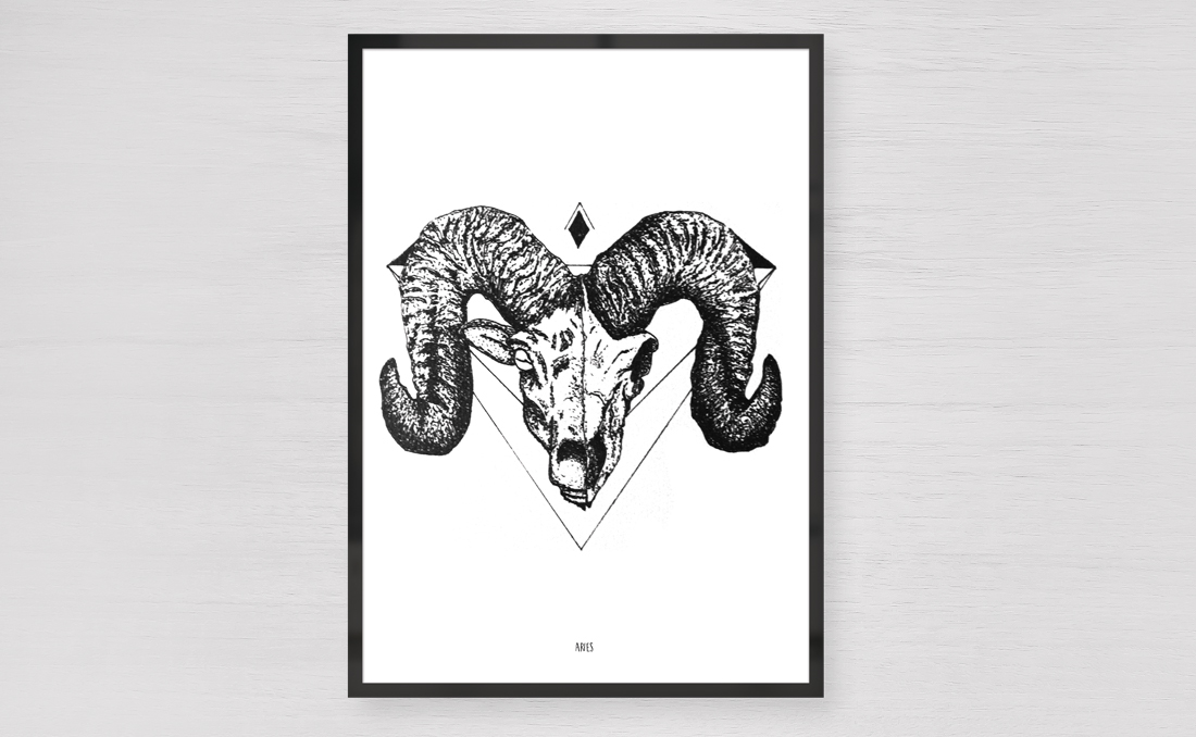 skull animal points black black and white aries zodiac ink poster inspire