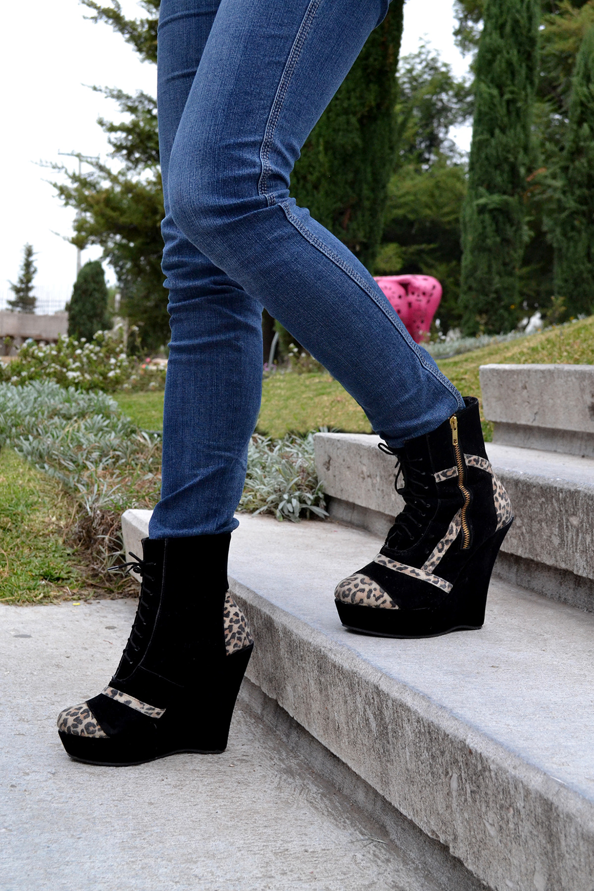 ankle boots black Animal Print wedge footware women