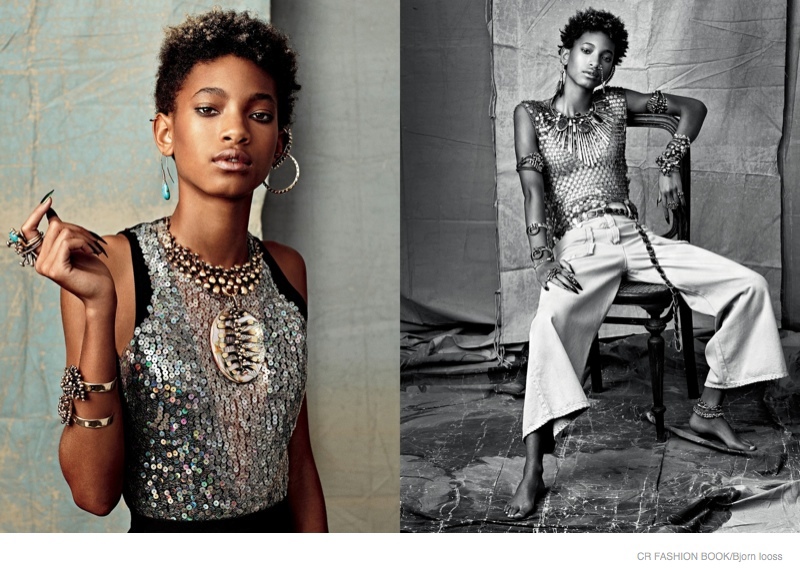 The 14-year-old daughter of Will Smith willow smith appears in the spring-summer 2015 issue of CR FASHION BOOK (out on newsstands now). In the images captured by Bjorn Iooss she sports opulent jewelry feathers and worldly prints. For her