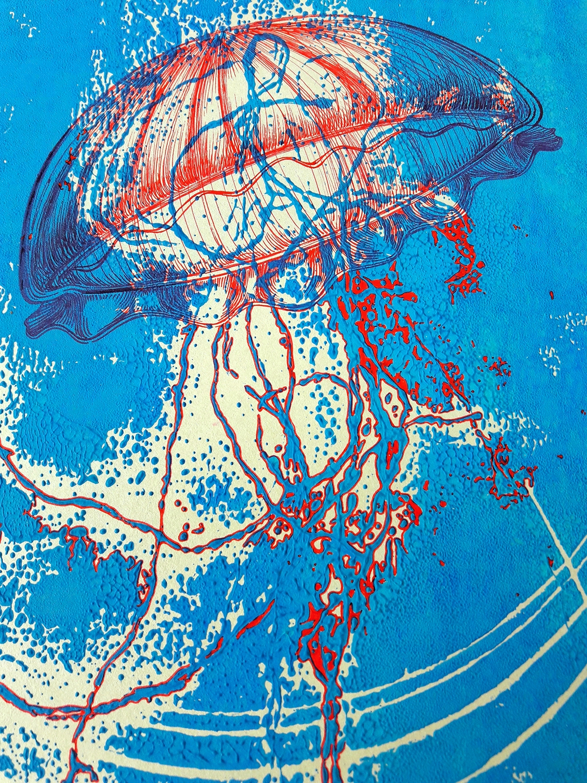 Nicolas Skorupka linocut paper ink pen red abstract hand jellyfish sound
