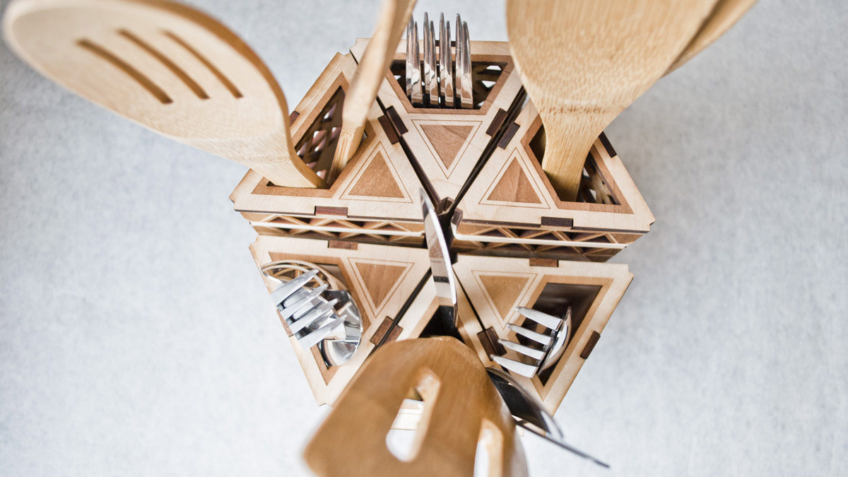 wood geometry triangle rubberband product knives forks spoons use u.s.e. kitchen room storage organizer