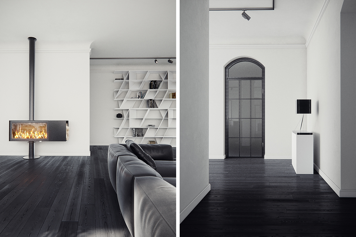 LOFT Praha 3d Visualisation interior design  black and white