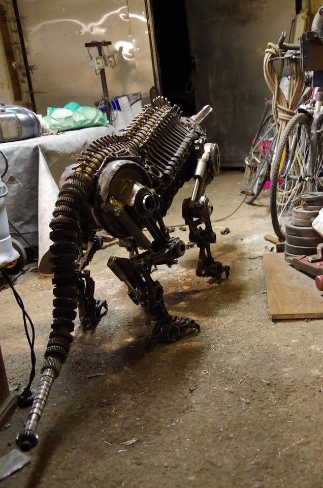 biomechanic dieselpunk dog RECYCLED scrap scrap art sculpture upcycled welding