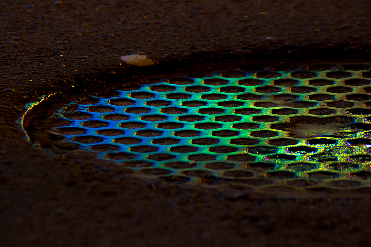 neon puddle pothole acid Street night city reflections colorful road