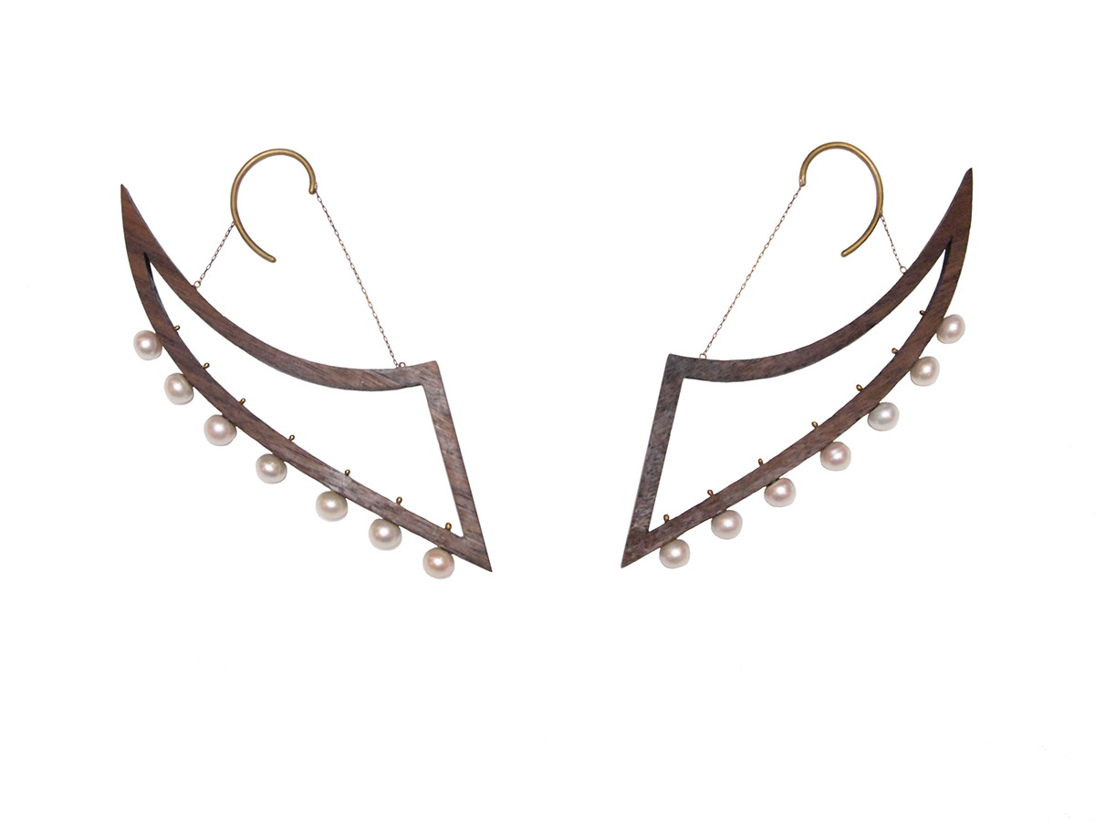 earrings wood pearls brass ear Sail Dhow jewelry contemporary Kuwait chain swing muneera MHA