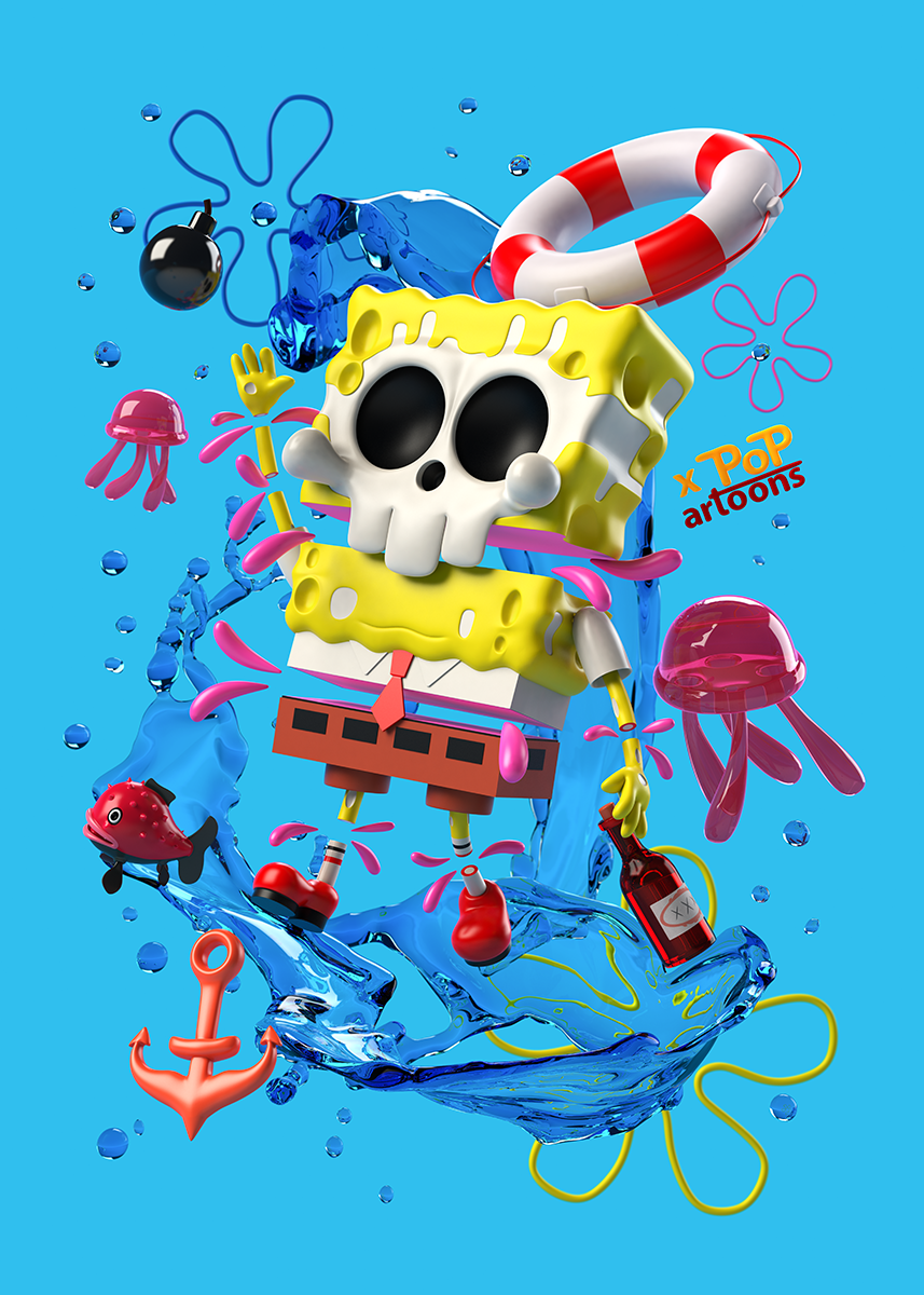 3D Cartoons ILLUSTRATION  lowbrowart popart popartoons skull Skulltoons Bob Sponge theodoru