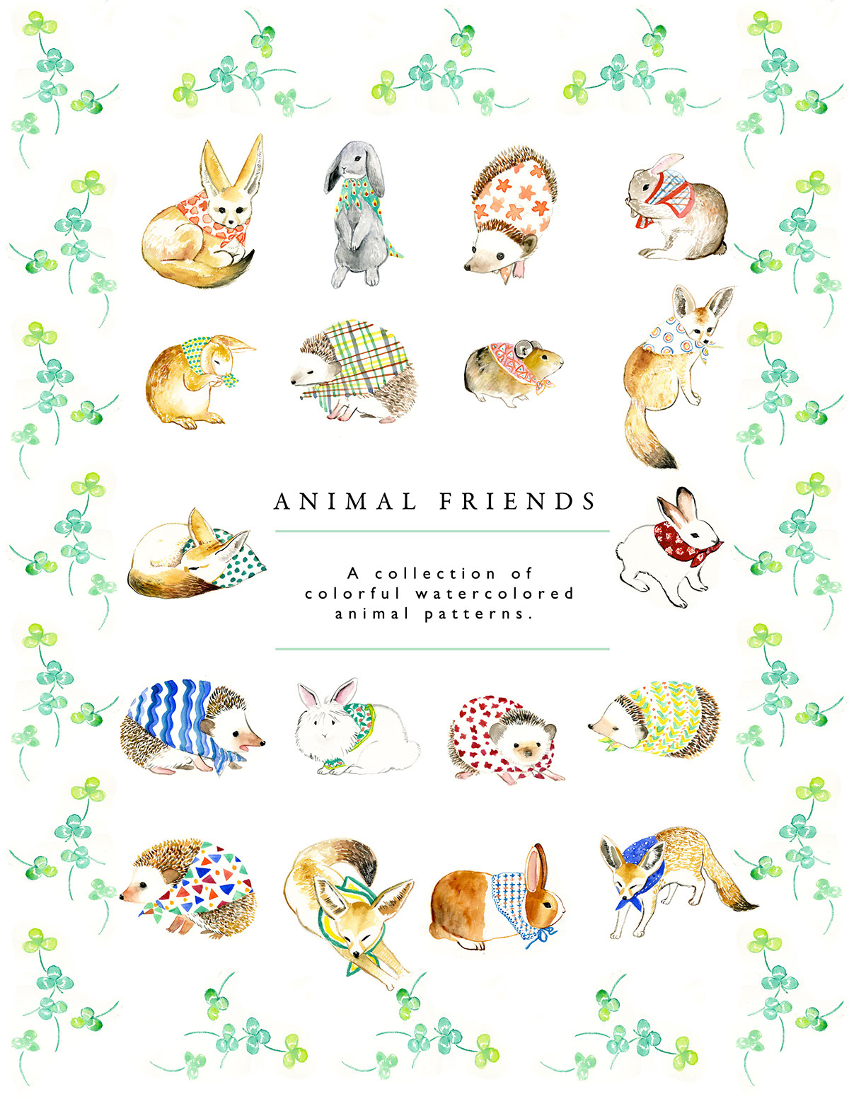 rabbit bunny FennecFox FOX Hedgehog watercolor textile pattern animal Repeat Pattern