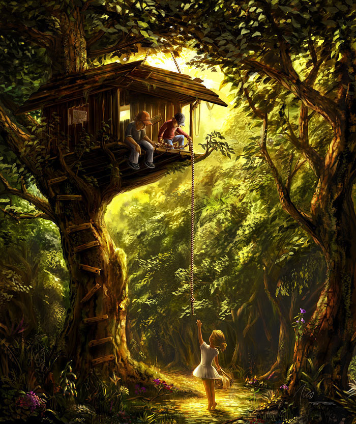 children's book forest tree house roof tops cabin Landscape druids children kids seasons