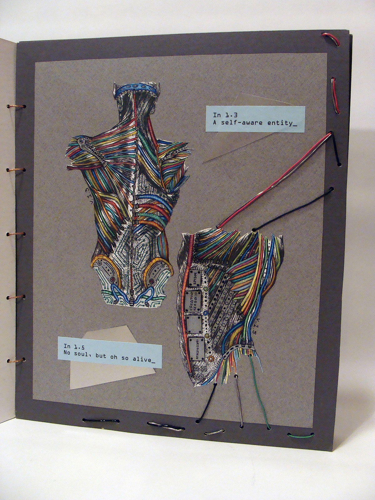 mixed media handmade book design anatomy transhumanist metal