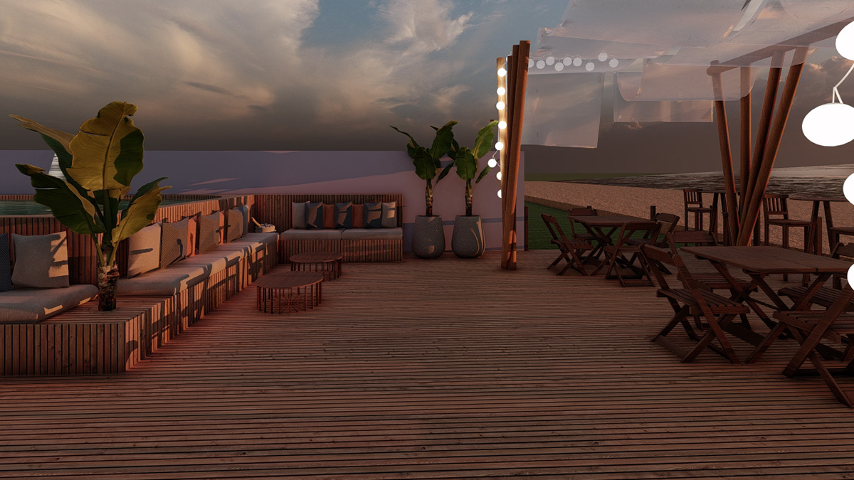 3D architecture area externa hostel lumion praia projeto comercial Renderização SketchUP